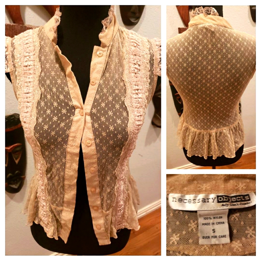 Necessary Objects Beige Lace Button-Up Sheer Top